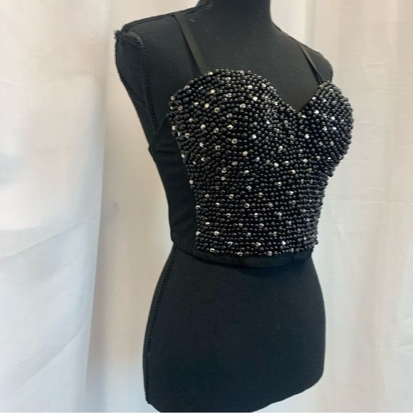 BLACK faux pearl chrome rhinestone embellished bustier corset crop top Sz L - Picture 4 of 11